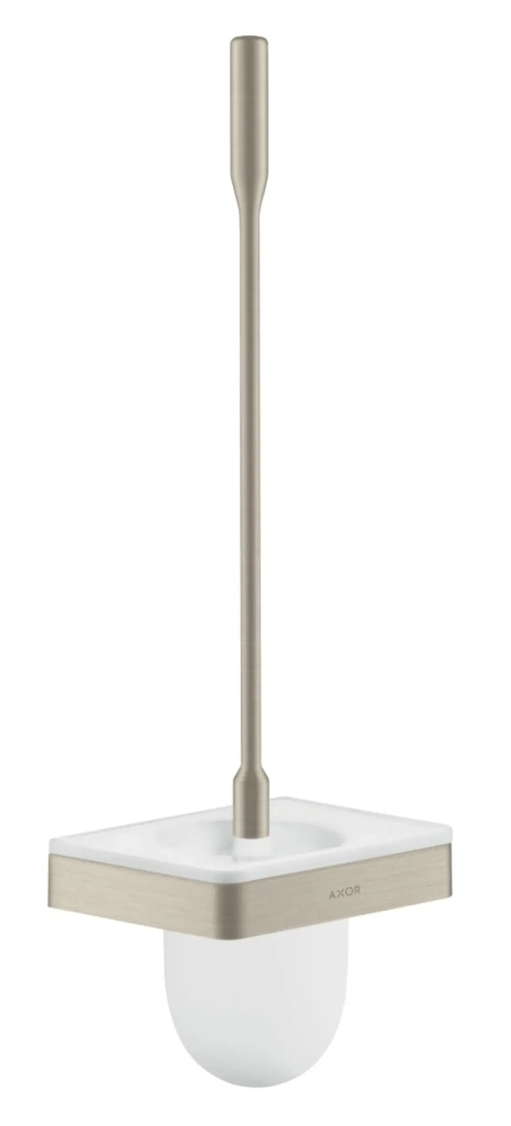 Toilettenbürstenhalter mit Wandmontage in Brushed Nickel von AXOR, bestehend aus einem länglichen Griff und einer runden Halterung, die einen weißen Behälter umfasst.